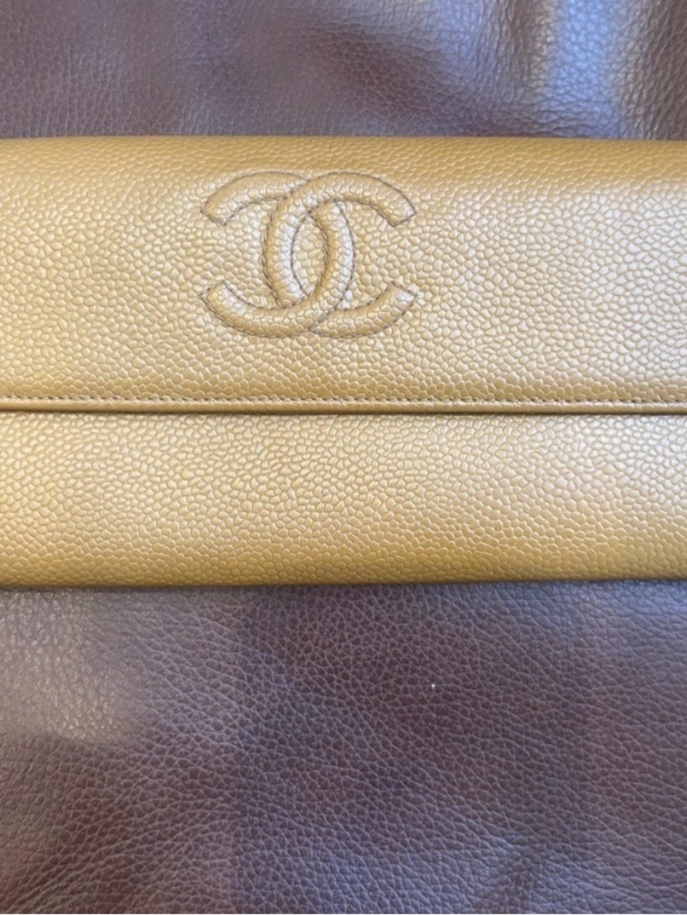 CHANEL Gold Textured Leather Wallet with CC Logo